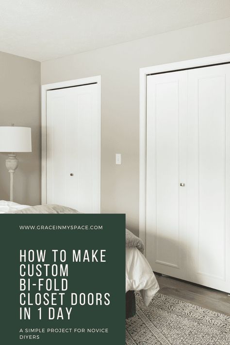 Do you have plain, flat panel bi-fold closet doors you want to update? Learn how to make custom bifold closet doors with this simple tutorial. #fromhousetohaven #bifoldclosetdoors #diyproject #DIYtutorial #DIYcustomclosetdoors Easy Closet Door Ideas, Replacing Bifold Closet Doors Ideas, Custom Bifold Closet Doors, Caulk Paint, Diy Custom Closet, Guest Bedroom Makeover, Bifold Closet Doors, Faux Fireplace Diy, Simple Closet