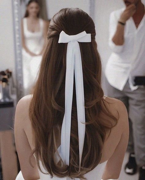 Ribbon Wedding Hairstyles, Bridal Shower Hair With Bow, Half Up Half Down Wedding Hair Bow, White Bow Wedding Hair, Bride With Bow In Hair, Bridesmaid Hair With Ribbon, Wedding Hair With A Bow, Bride Hairstyles With Bow, Wedding Hairstyles With Ribbon