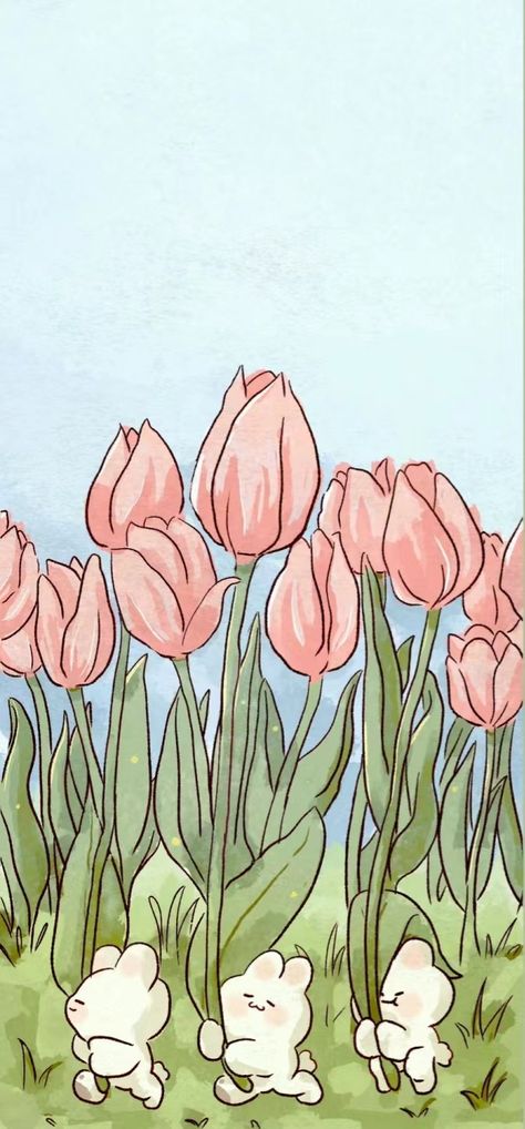 Tulip Garden Drawing, Carrot Wallpaper Cute, Tulip Drawing, Mushroom Wallpaper, Create This Book, Tulip Painting, Wallpapers Phone, Garden Drawing, Tulips Garden