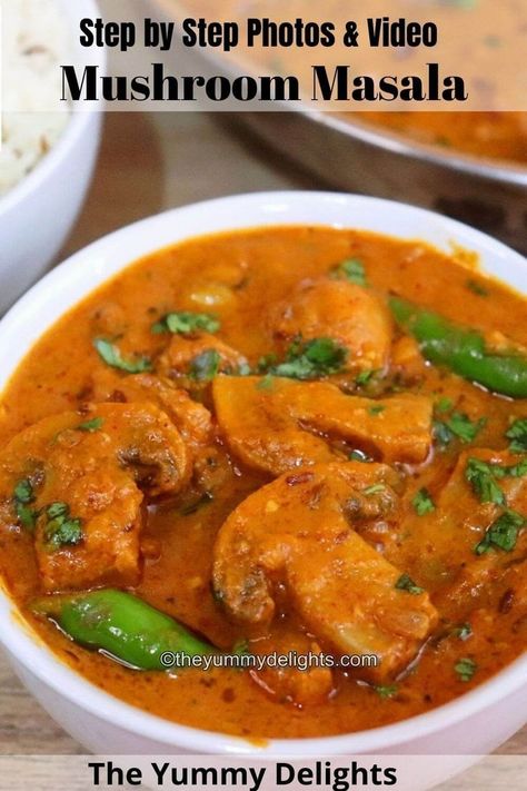 Close-up of mushroom masala served in a white bowl. Garnished with coriander leaves. Mushroom Masala Recipe, Easy Mushroom Recipes, Mushroom Masala, Recipe Mushroom, Mushroom Curry, White Button Mushrooms, Chicken Recipes Boneless, Creamy Mushroom Soup, Mushroom Dish