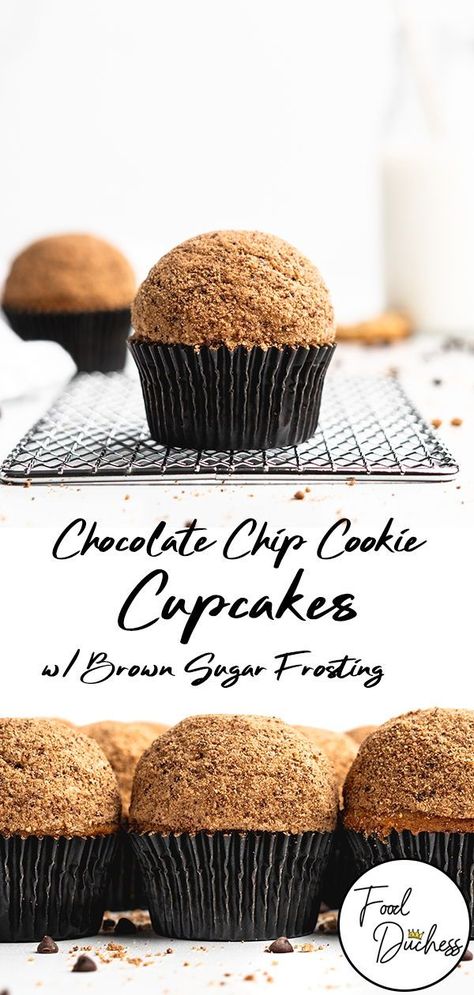 These Chocolate Chip Cookie Cupcakes combine the best of both cookies and cupcakes, to create a cupcake that is fun and undeniably delicious. This recipe features all the components that give chocolate chip cookies their well-deserved fame, such as brown sugar, vanilla, and of course chocolate chips. They are then frosted with a unique Brown Sugar Frosting, that utilizes brown sugar for that caramelized flavor and flour to recreate that cookie taste. #cupcakes #chocolatechipcookies Chocolate Chip Cookie Cupcakes, Cookie Cupcakes, Crumble Cookie Recipe, Brown Sugar Frosting, Chocolate Chip Cupcakes, Mini Chocolate Chip Cookies, Cakes Pastries, Unique Cupcakes, Hello Cupcake