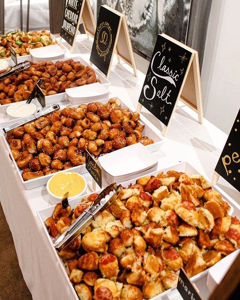 Different Food Stations Wedding, Chicken Nugget Buffet Wedding, Tater Tot Bar Wedding, Non Traditional Wedding Food Receptions, Soft Pretzel Cocktail Hour, Food Bars At Weddings, Food At Wedding Ideas, Loaded Potato Bar Wedding, Finger Food At Wedding