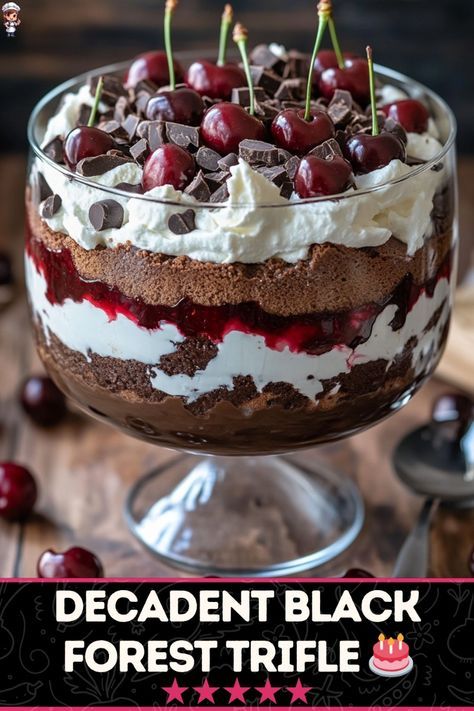 This Black Forest Trifle recipe is all about layers of richness and cream. Chocolate cake, cherries, and custard come together in a dessert that is both indulgent and easy to make. Perfect for any occasion or celebration. #RichDessert #TrifleRecipe #ChocolateCherries Cherry Chocolate Trifle, Cherry Black Forest Cake, Black Forest Cherry Trifle, Brownie Cherry Trifle, Chocolate Cherry Layer Cake, Black Cherry Forest Cake, Black Forest Truffle, Christmas Cake Trifle, Christmas Dinner Party Desserts