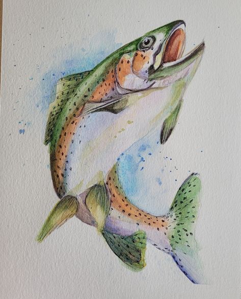 Trout Fish Painting, Diy Fish Painting, Color Water Painting Fish, Watercolor Trout Painting, Fish Jumping Out Of Water Painting, Fish Art Watercolor, Fish Jumping Out Of Water Drawing, Fishing Watercolor Painting, Walleye Painting