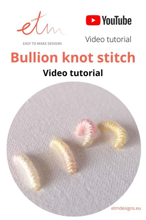 Bullion knot (bullion stitch) is a very versatile stitch. You can use Bullion knots not only to make famous Bullion roses but also, to embroider petals of other flowers, make buds, leaves, grass, starfish, and many more. Watch a video tutorial and learn how to make a bullion knot stitch! Impara ricamo a mano - Punto vapore. Siuvinėjimo dygsniai - Video.  #bullionknot #puntovapore #embroidery #diy Bouillon Stitch Embroidery, Padded Embroidery Tutorial, Bullion Embroidery Tutorial, Fancy Embroidery Stitches, Bullion Roses Embroidery Tutorial, Bullion Roses Embroidery, Bullion Knot Embroidery Designs, Embroidery Sculpture, Bullion Stitch Embroidery