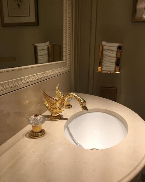 Swan faucet at The Ritz Paris Hotel Inspired Bedroom, Swan Faucet, Paris Bathroom, The Ritz Paris, Luxury Villa Design, Parisian Home Decor, Gold Faucet, Ritz Paris, Aesthetic Bathroom