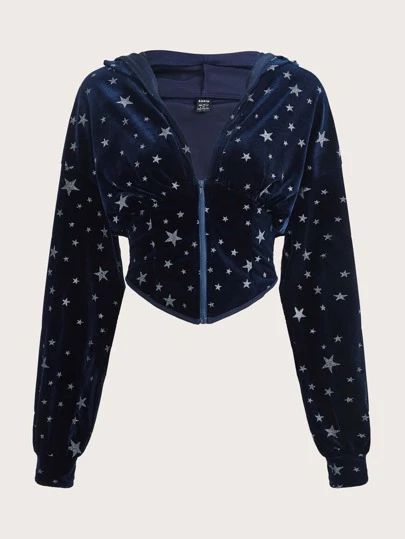 Constellation Jacket, Navy Blue Clothes, Navy Blue Outfits, Celestial Clothing, Blue Clothes, Fiesta Outfit, Shein Icon, Navy Blue Top, Women Outerwear