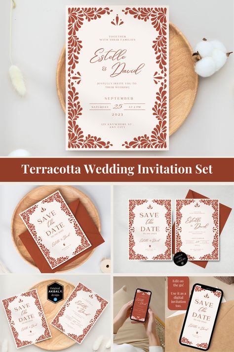 Elegant Wedding Rust Talavera Invitation Set. Mexican boho wedding templates for Canva editing. Terracotta Wedding Theme Printable Invites. Authentic and unique Destination Wedding Save the Date and Invitation. Ideal for weddings in Mexico. Clay burnt orange trendy colors. All season Wedding! Modern Mexican Wedding, Elegant Mexican Wedding, Talavera Wedding, Dream Wedding Invitations, Canva Edit, Modern Mexican, Mexican Wedding, Wedding Invitation Sets, Wedding Templates