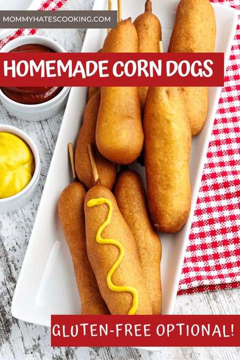 Get fair food right at home with Homemade Corn Dogs, these are also so simple to make gluten-free if that's a need too! Gluten Free Corndog Recipe, Gluten Free Corndogs, Corndog Batter Recipe, Gluten Free Corn Dogs Recipe, Gluten Free Corn Dogs, Corn Dog Batter, Homemade Corn Dogs, Pickled Corn, Homemade Corndogs