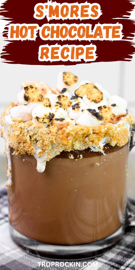 Do you love finding new S'mores ideas? If so, then add this decadent and creamy S'mores hot chocolate to your S'mores desserts! Rich, creamy and chocolate-y with graham cracker crumbs and mini marshmallows. This dessert drink will keep you warm and your taste buds happy! Roasted Marshmallow Hot Chocolate, Toasted Marshmallow Hot Chocolate, Hot Chocolate Trailer, S’mores Hot Cocoa, S'more Hot Chocolate, S’mores Drink Recipe, S’mores Hot Chocolate, S’mores Drink, S’mores Cocktail