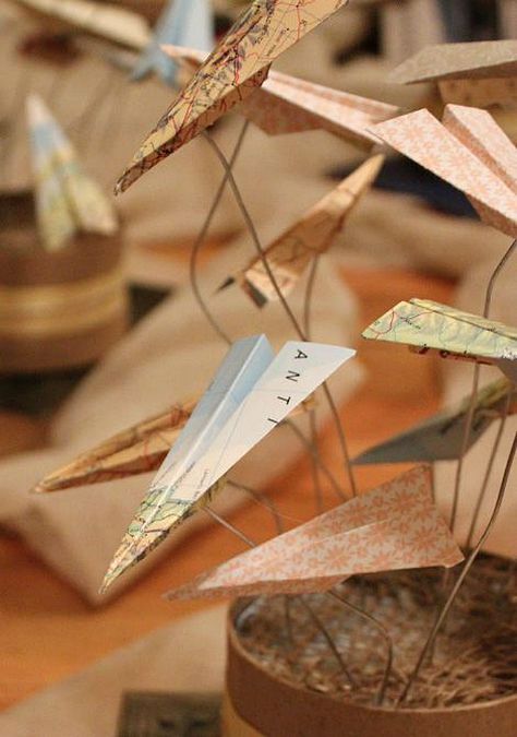 paper airplane centerpiece Travel Centerpieces, Travel Baby Showers, Travel Party Theme, Map Crafts, Airplane Birthday Party, Airplane Party, Travel Theme Wedding, World Party, Paper Airplane