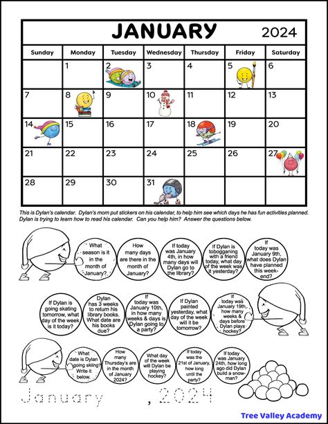 1st graders can learn calendar math with this fun calendar worksheet. Using a January monthly calendar, kids will practice reading a calendar. There are 15 calendar word problems for grade 1 students. A free downloadable PDF includes a printable January 2024 calendar and a different calendar worksheet for 2nd grade. Calendar Worksheets 2nd Grade, Worksheet For 2nd Grade, 1st Grade Calendar, January 2024 Calendar, Fun Calendar, Calendar Skills, Calendar Worksheets, Calendar Word, 3rd Grade Math Worksheets