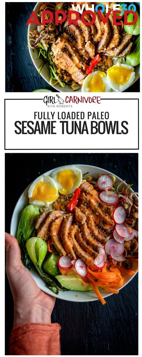 Paleo Sesame Tuna Bowls Tuna Bowls, Sesame Tuna, Paleo Tuna, Tuna Steak Recipes, Carnivore Recipes, Tuna Steak, Metabolism Diet, Tuna Steaks, Buddha Bowls