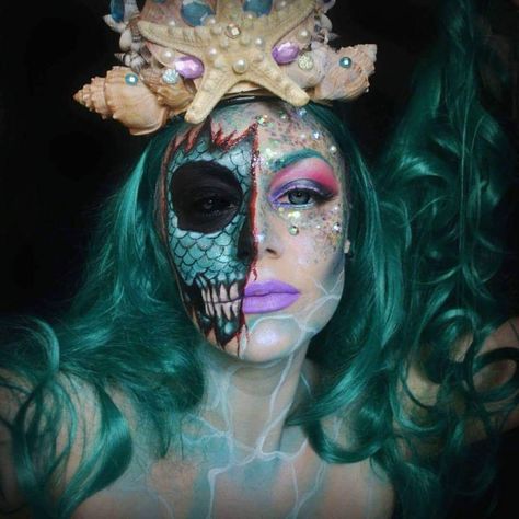 Horror Mermaid Costume, Scary Mermaid Makeup Halloween, Creepy Mermaid Makeup, Horror Mermaid Makeup, Mermaid Skeleton Makeup, Mermaid Skull Makeup, Creepy Mermaid Costume, Dead Mermaid Makeup, Evil Mermaid Makeup