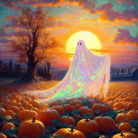 Ghost In Pumpkin Patch, Ghost In Pumpkin, Spirit Ghost, Halloween Facts, Halloween Artwork, Halloween Painting, Halloween Aesthetic, Halloween Images, Holiday Pictures