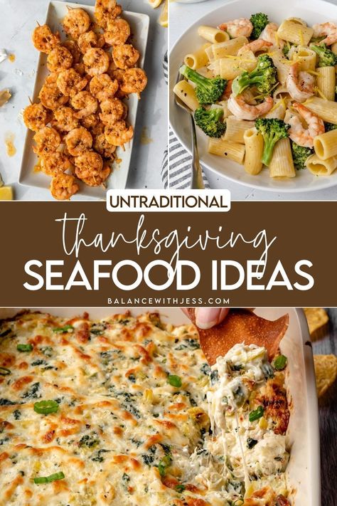 Check out these seafood Thanksgiving recipes using fish, salmon, crab, shrimp and scallops. Whether you're looking for pescatarian or untraditional Thanksgiving dinner ideas, these are the best seafood recipes for a crowd or families. Make these seafood Thanksgiving dishes as appetizers, sides or dinner! Find these recipes and more Thanksgiving menu ideas on the blog. Shrimp Thanksgiving Recipes, Italian Thanksgiving Dinner Ideas, Seafood Thanksgiving Dishes, Pasta For Thanksgiving Dinner, Pescatarian Thanksgiving Recipes, Untraditional Thanksgiving Dinner Ideas, Seafood For A Crowd, Seafood Dishes For A Crowd, Cajun Thanksgiving Dishes