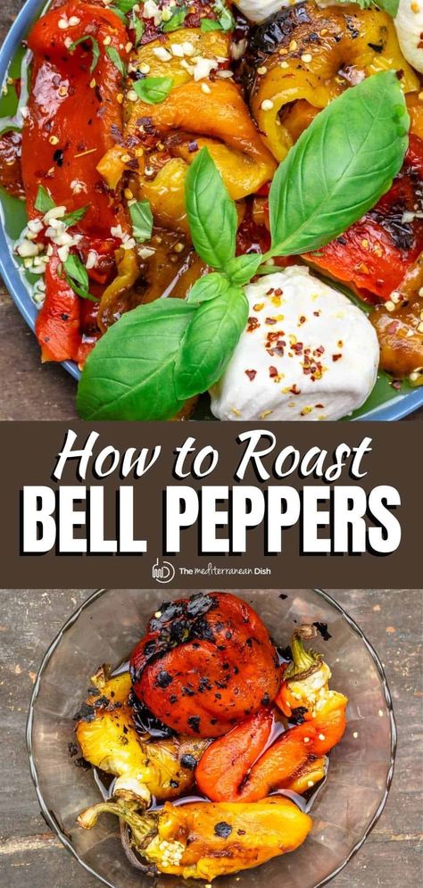 Roasted Peppers Oven, Ww Inspiration, Roasted Pepper Recipes, Roast Peppers, Roasted Bell Peppers, Mediterranean Appetizers, Paleo Ideas, Mediterranean Meals, Moroccan Dishes