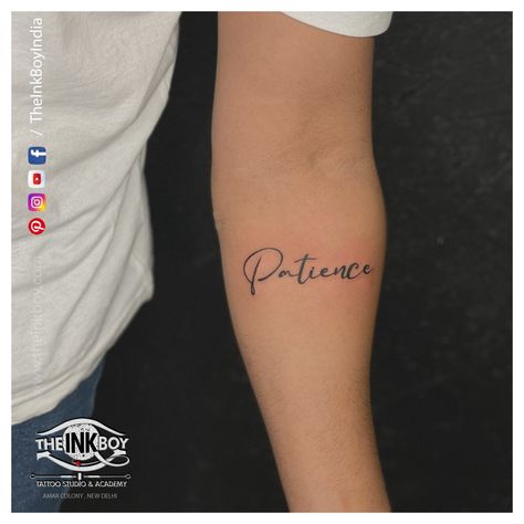 Tattoo For Boys, Patience Tattoo, Strong Tattoos, One Word Tattoos, Unique Ear Piercings, Word Tattoo, Boy Tattoos, Word Tattoos, One Word