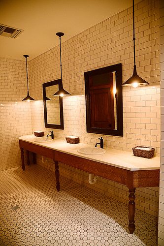 The Office! by Ree Drummond / The Pioneer Woman, via Flickr Commercial Bathroom Ideas, Commercial Bathroom Designs, White Brick Tiles, Restroom Renovation, Toilette Design, Restaurant Bathroom, Church Interior Design, Bathroom Showers, Restroom Design