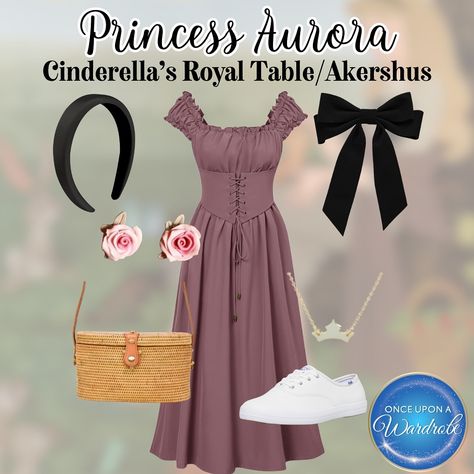 Channel your inner princess with this dreamy Briar Rose-inspired outfit, perfect for a magical day at Epcot! 🌷 Picture soft pastels, flowy dresses, and delicate details that capture the essence of Sleeping Beauty in her peasant disguise. This look is perfect for strolling through World Showcase or snapping pics in the gardens of the United Kingdom Pavilion. Feeling like royalty? Let Once Upon a Wardrobe bring your fairytale style to life! Aurora Modern Outfit, Princess Aurora Outfit, Sleeping Beauty Outfit Ideas, Sleeping Beauty Outfit, Aurora Disneybound, Aurora Outfit, Epcot Outfit, Cinderella Royal Table, Fairytale Style