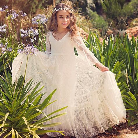 Beach Flower Girl Dresses Boho beach Girl Dresses White Ivory Lace Chiffon Girls Dresses For Little Girl Long Sleeve Dress Formal Kids Simple Flower Girl Dresses, Beach Flower Girls, Dress Ideas For Wedding, Beach Flower Girl Dresses, Ideas For Wedding Party, Wedding Gown Ideas, Long Flower Girl Dresses, Boho Flower Girl, Cheap Flower Girl Dresses