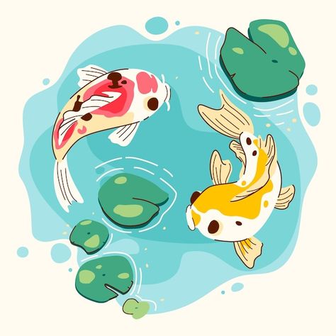 Koi Fish Animation, Japanese Fish Illustration, Cat And Fish Drawing, Cartoon Koi Fish, Cute Fish Illustration, Pool Texture, Fish Illustration Design, Koi Illustration, Fish Character