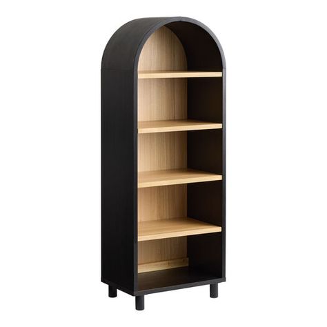 Callum Natural and Charcoal Black Wood Arch Bookshelf by World Market Arch Bookshelf, Wood Ledge, Blue Sofa Living, Moody Office, Mid Century Modern Bookcase, Black Bookshelf, Narrow Bookshelf, Havenly Living Room, Sweet Home Style