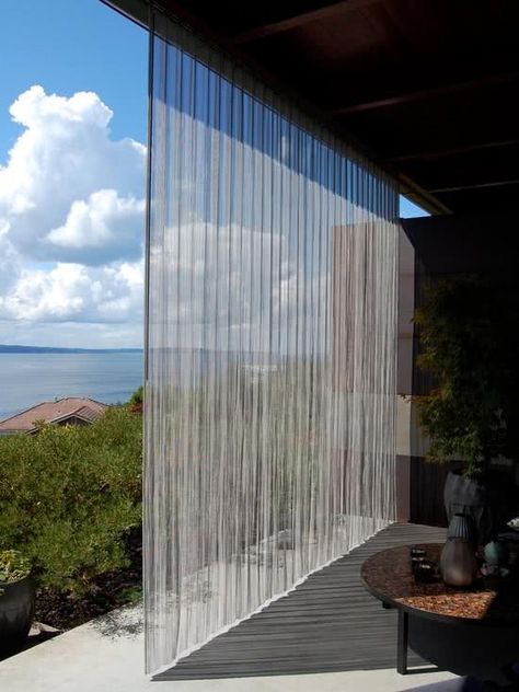 Different Environments Decorated With Fabric Curtains That Look Splendid Steel Cladding, Pergola Curtains, Stainless Steel Screen, Fireplace Doors, Steel Curtain, Metal Curtain, Backyard Inspo, Modern Patio, Outdoor Curtains