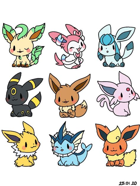 Chibi Pokemon Drawings, Cute Pokemon Stickers, Pokemon Characters Drawings, Cute Pokemon Drawings, Eevee Drawing, Pokemon Doodles, Easy Pokemon Drawings, Easy Pokemon, Pokemon Tattoos