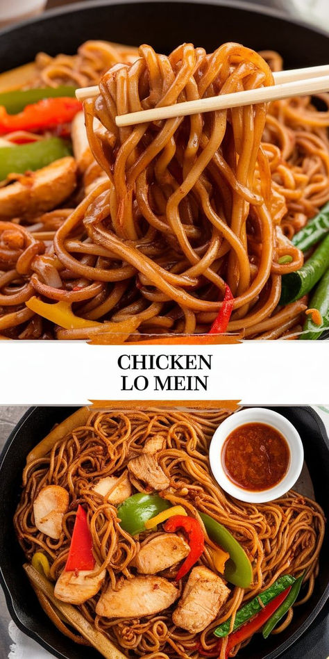 This homemade Chicken Lo Mein is packed with flavor! Juicy chicken, crisp vegetables, and savory noodles, all tossed in a tasty sauce for the perfect weeknight meal. One Pan Spicy Soy Noodles With Chicken, Lo Mein Recipe Easy Noodles, Homemade Chicken Lo Mein, Simple Lo Mein Sauce, Chicken Lo Mein Noodles Recipe, Lo Mein Sauce Recipe Easy, Asian Zing Chicken Recipes, Homemade Lo Mein Noodles, Chinese Lo Mein Recipe