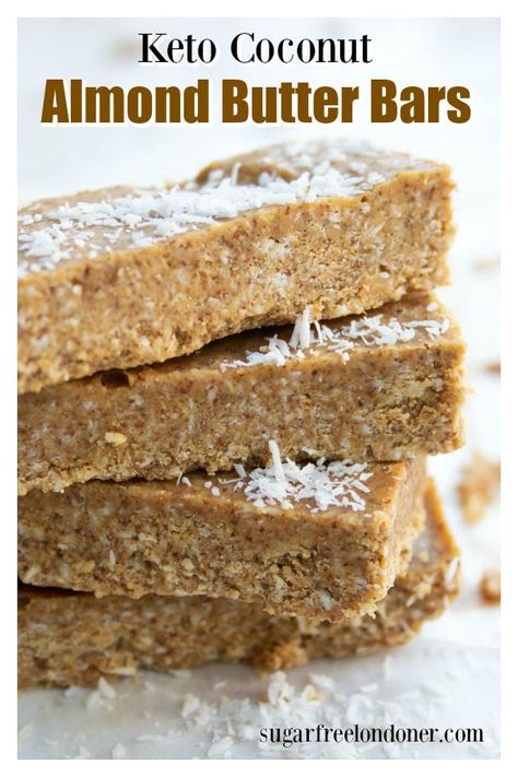 You only need 4 ingredients to make these Keto no bake coconut almond butter bars. 3 net carbs per bar and seriously scrumptious! Low Carb Snack Bars, Almond Butter Bars, Keto No Bake, High Fat Snacks, Keto Bars, Almond Bars, Cookies Bars, Butter Bars, Vegan Sugar