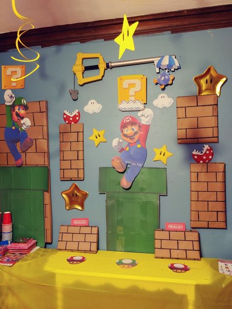 Super Mario Bros Classroom Theme, Mario Bulletin Board, Mario Bricks, Mario Bros Backdrop, Dollar Tree Plates, Tree Plates, Super Mario Brothers Birthday, Mario Brothers Birthday Party, Mario Kart Party