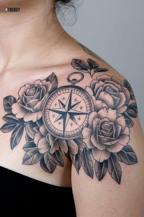 Compass with flowers tattoo to signify direction and beauty on the shoulder Flowers Tattoo On Shoulder, Shoulder Cap Tattoos For Women, Tattoo On The Shoulder, Feminine Compass Tattoo, Shoulder Cap Tattoo, Tattoo On Shoulder, Pink Tattoo, Goth Tattoo, Bear Tattoos