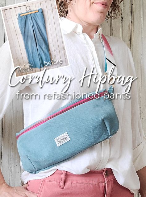 DIY Corduroy HipBag made from refashioned thrifted pants by Larissa of Prodigal Pieces | prodigalpieces.com #prodigalpieces Thrifted Pants, Denim Pocket, Diy Purse, Boho Diy, Insulated Lunch Bags, Feel Inspired, Diy Bag, Cute Bag, Grocery Bag