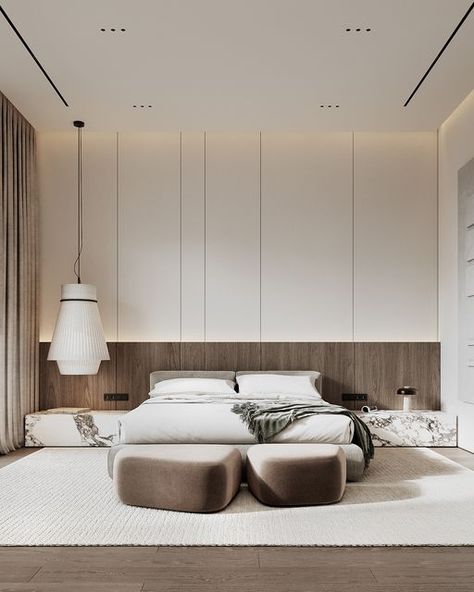 LEQB Architects* on Instagram: "Our QB/0263 master bedroom design is all about cozy vibes and smart lighting! Light walls, wood accents, and minimalist furniture create the perfect chill zone. Marble adds a touch of sophistication, while ceiling lights steal the show. The bed area gets a warm panel glow and a cool fabric pendant. Maximum comfort!   Impressed by what you see? QB hashtag reveals even more of our work.😍  Project: QB/0263 Room: Master bedroom Area: 41 sq.m. Furniture: @poliform_official bed / @flouspa pouf.  #leqb #leqbinteriors #qb0263" Minimalist Ceiling Design, Ceiling Design Modern Bedroom Interiors, Minimalist Interior Design Bedroom, Leqb Architects, Wood Walls Bedroom, Light Walls, Bedroom Ideas For Small Rooms Cozy, Interior Balcony, Modern Design Trends