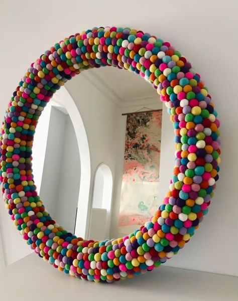 27 Rainbow Pom Pom Statement Mirror Unique Wall Mirror. - Etsy Czech Republic Unique Mirror Frame, Unique Wall Mirror, Nursery Mirror, Large Round Wall Mirror, Rainbow Pom Pom, Mirror Unique, Statement Mirror, Tea Gift Box, Modern Holiday Decor