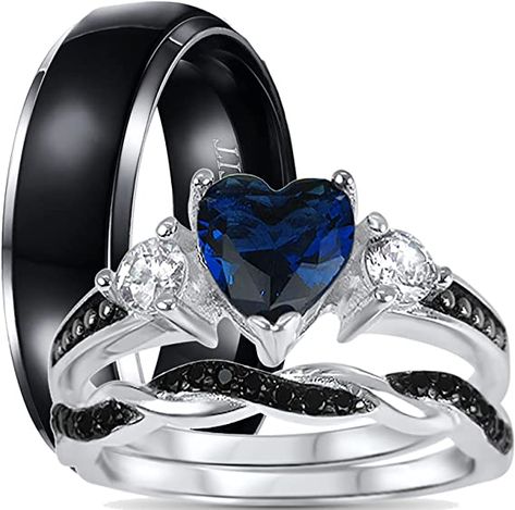 Blue Black Wedding, Wedding Band Engagement Ring Set, Black Wedding Ring Sets, Sterling Silver Wedding Rings Sets, Cz Wedding Ring Sets, Wedding Rings Sets His And Hers, Gothic Wedding Rings, Engagement Rings Wedding Bands Set, Blue Wedding Rings