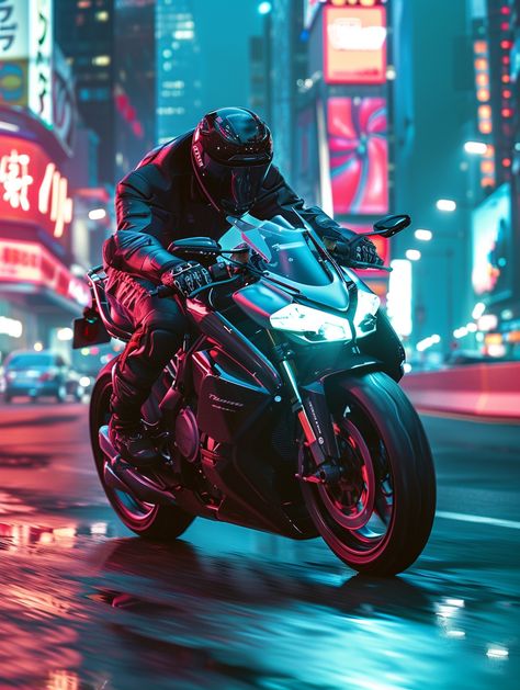 Digital art -- cyberpunk -- motorcycle art -- night ride Night Rider, Electric Energy, Photoshop Digital Background, Neon Nights, Night Painting, Digital Background, City Streets, Sport Bikes, Neon Lighting