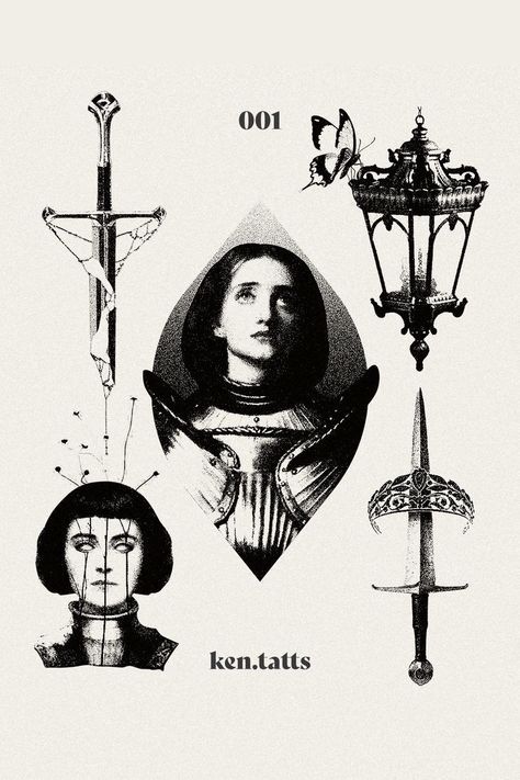 Joan Arc Illustration, Joan Of Art Tattoo Traditional, Joan Of Arc Art Tattoo, Joan Of Arc Tat, Joan Of Arc Traditional Tattoo, Pointalism Tattoos, Blackwork Tattoo Flash Sheet, Joan Of Art Tattoo, Blackwork Tattoo Flash