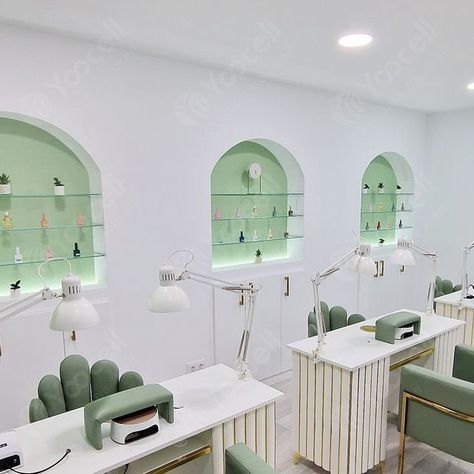 Sasa | The beauty at your fingertips is in your hands! 💅  In this vibrant manicure space, fresh and bright green and pure white are perfectly... | Instagram Green Nail Salon, Nail Studio Decor, Manicure Station, Work Stations, Green Nail, Nail Studio, Studio Decor, Beauty Business, Green Nails