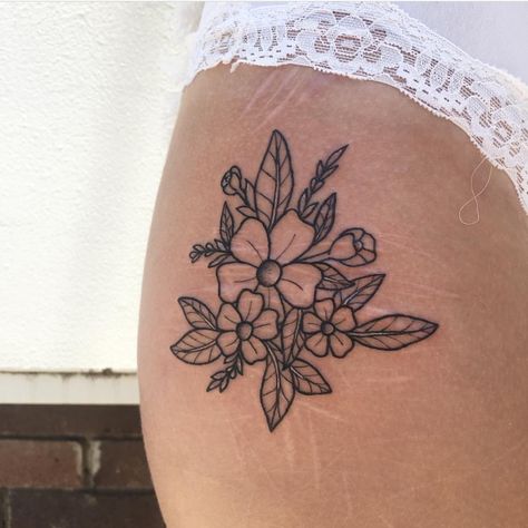 Hip Tattoo Scar Coverup, Small Hip Thigh Tattoos, Hip Tattoos Women Scar Cover, Tattoos For Upper Thigh, Upper Thigh Tattoo Scar Cover, Tattoo Ideas Scar Cover, Thigh Tattoos Women Cover Scars, Scar Coverup Tattoos For Women, Womens Upper Thigh Tattoo