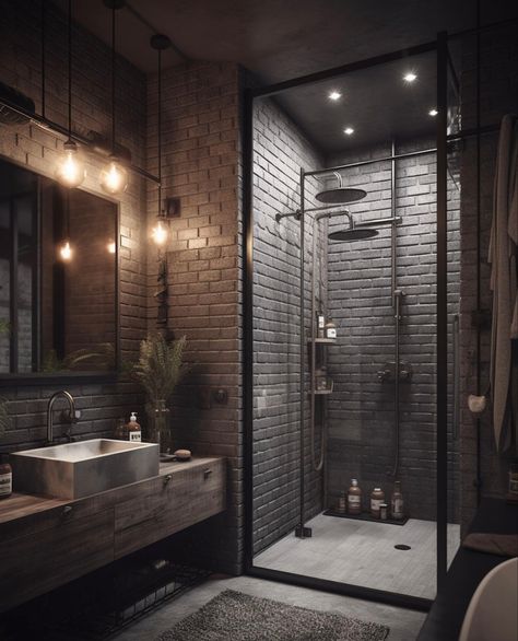 Brick Bathroom Ideas, Exposed Brick Bathroom, Casa Rock, Brick Bathroom, Industrial Loft Design, Dark Bathrooms, Loft Interior Design, Loft Interiors, Industrial Interior Design