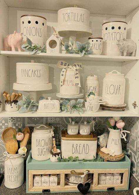 Rae Dunn Farmhouse Display, Rae Dunn Hutch Display, Corporate Appreciation Gifts, Farmhouse Style Living Room Decor, Rae Dunn Display, Rustic Furniture Diy, Hutch Decor, Kitchen Ideals, Rae Dunn Collection