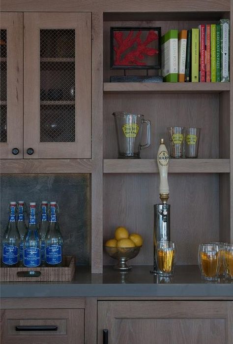 Wet Bar with Beer Tap, Transitional, Kitchen Bar In House Ideas, Chicken Wire Cabinets, Gray Quartz Countertops, Craft Beer Bar, Black Countertops, Brown Cabinets, Beer Tap, Beer Taps, Transitional Kitchen