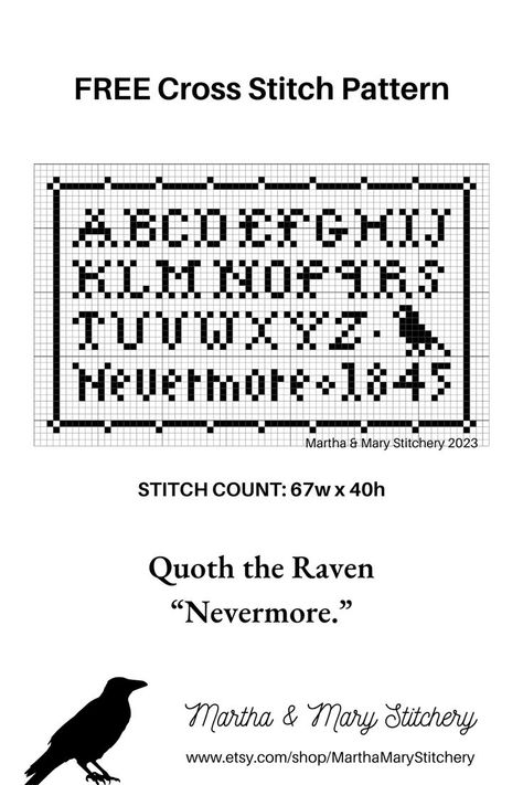 Free Cross Stitch Pattern: Edgar Allan Poe's "The Raven" mini sampler. Poe Cross Stitch, Raven Cross Stitch Pattern Free, Edgar Allen Poe Cross Stitch Pattern, Ira Ray Crow Cross Stitch, Ida Mae Crow Cross Stitch, Free Goth Cross Stitch Pattern, Raven Cross Stitch, Free Cross Stitch Pattern, Quoth The Raven