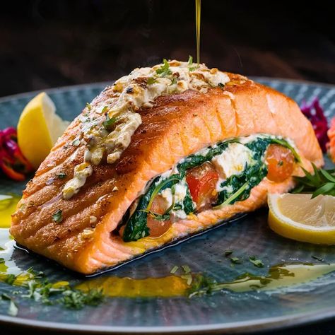 Feta, Spinach & Tomato Stuffed Salmon: A Mediterranean Delight Tomato Stuffed, Stuffed Salmon, Spinach Tomato, Salmon Steak, Fast Foods, Vegetarian Dinner, Fish Dishes, Healthy Meal Prep, Salmon Recipes