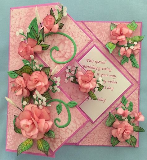 Fold Back Pop Up Floral Card with Rose spray by Em1941 - Cards and Paper Crafts at Splitcoaststampers Panel Cards, Orchid Corsages, 100 Birthday, Diy Corsage, Art Deco Cards, Rose Spray, Tattered Lace Cards, Diy Rose, Moving Cards