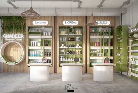 Beauty Salon on Behance Products Display Design, Beauty Product Display Ideas, Cosmetic Shop Interior Design Shelves, Beauty Center Salon Interior Design, Cosmetic Store Design Interiors, Small Cosmetic Shop Interior Design, Skincare Store Design, Pharmacy Design Ideas, Beauty Store Design