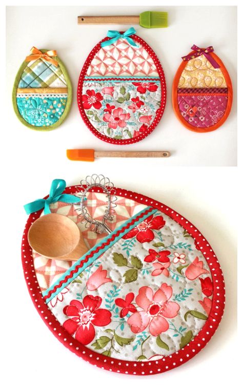 Easter Egg Pot Holder Free Sewing Patterns & Paid | Fabric Art DIY Sewing Easter Projects, Quilted Potholder Pattern, Easter Fabric Crafts, Fabric Art Diy, Pot Lid Holder, Easter Placemats, Spring Sewing, Easter Egg Pattern, Easter Fabric