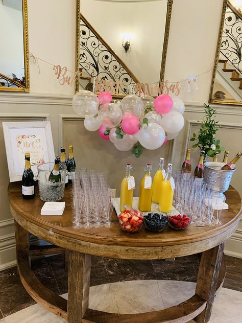 Waffles And Mimosas Party, How To Set Up A Mimosa Bar, Dollar Tree Mimosa Bar, Mimosa Bar Set Up Bridal Shower Ideas, Mimosa Set Up, Small Mimosa Bar, Mimosa Bar Decorations, Brunch And Mimosas Party, Bridal Mimosa Bar